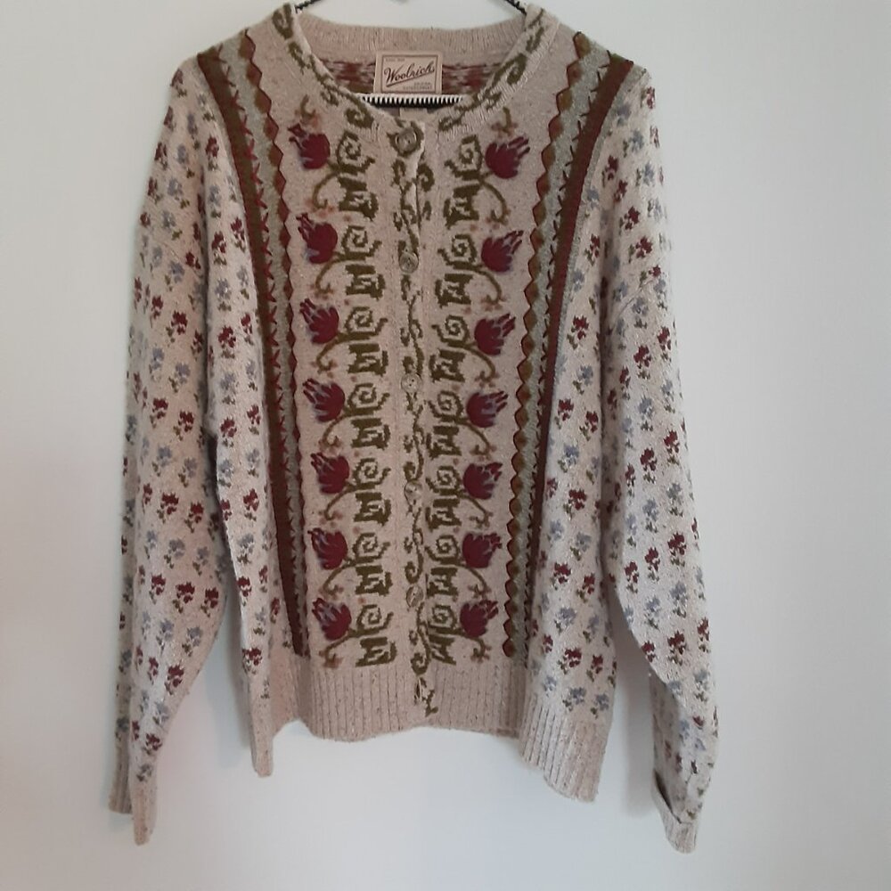 Vintage Woolrich Cardigan Women's MED Beige Silk Wool Button Floral Knit Sweater